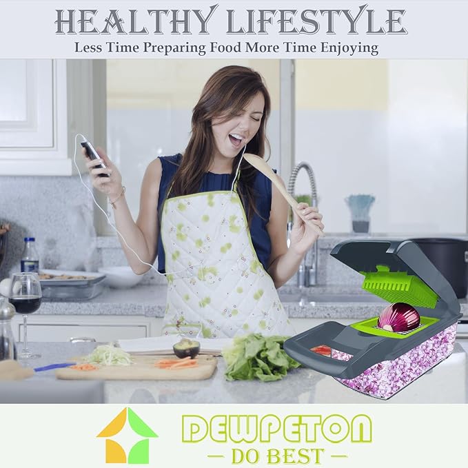 Vegetable Chopper Dicer with Container | Cheese Grater Mandoline Slicer Cabbage Shredder French Fry Cutter Stainless Steel for Veggie Onion Potato Fruit Food, Manual Hand Cooking Gadget for Kitchen