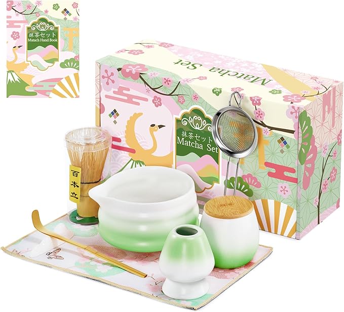 Matcha Whisk Set with Tea Caddy, Green 8 Pcs Matcha Kit Includes Bowl with Spout, Whisk & Holder, Ceramic Tea Caddy, Bamboo Scoop & Rest, Sifter, Tea Towel, Gift for Tea Lovers