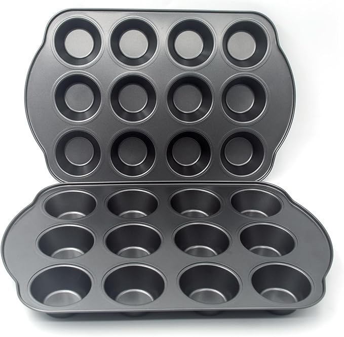 Bakexcel Non-Stick Standard Muffin Pans, 2.95" 12-Cup Set of 2 Baking Pans, Heavy Duty Carbon Steel Tins for Standard Muffins & Cupcakes