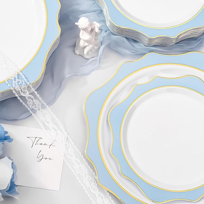 realluck 100Pcs White & Blue Plastic Plates for 50 Guests