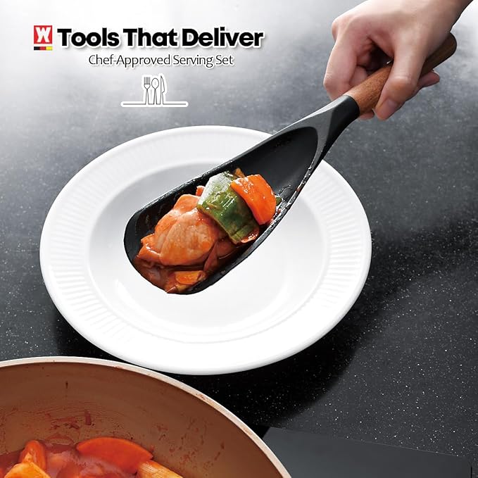WAGENSTEIGER Silicone Long Head Cooking & Serving Spoon with Wooden Handles: Multi-Functional Design, Silicone Rounded Spatula for Mixing, Scoop, and Scrape, Great for Stir Frying