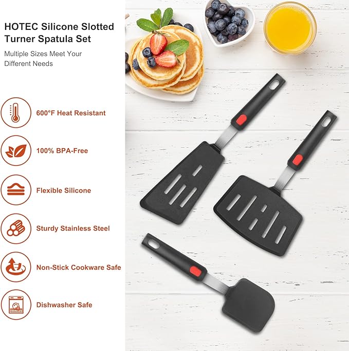 HOTEC Silicone Spatula Turner Set of 3, Heat Resistant 600°F & BPA-Free Flexible Rubber Spatulas for Nonstick Cookware, Kitchen Utensils for Flipping Eggs, Fish, Burgers, Pancakes, Cookie, Crepes
