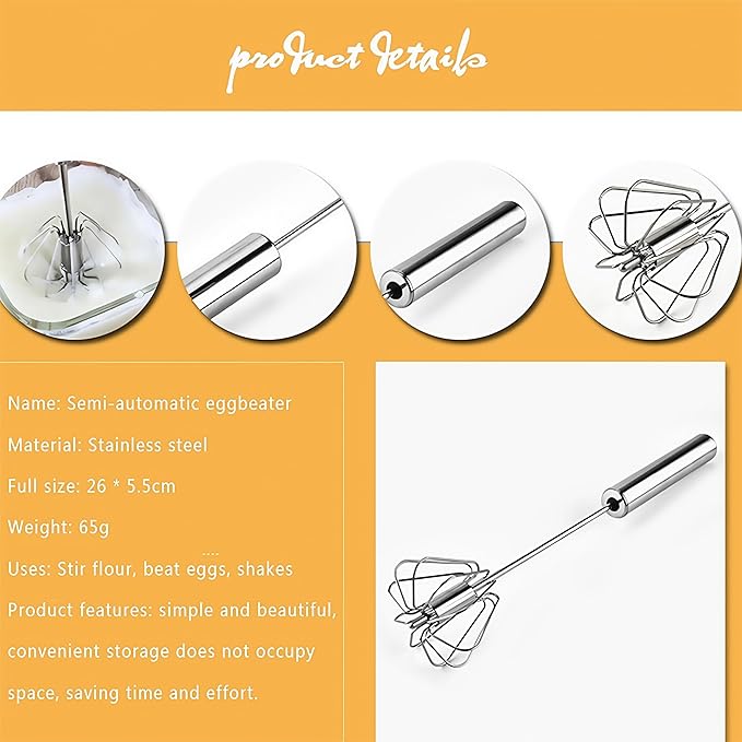 Digead Stainless Steel Egg Whisk, Hand Push Rotary Whisk Blender, Versatile Milk Frother, Hand Push Mixer Stirrer for Blending, Whisking, Beating & Stirring (12in)