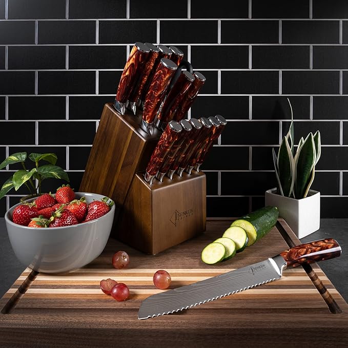SENKEN 16-Piece Knife Block Set - Japanese High Carbon Stainless Steel with Damascus Pattern, Red Resin Handles, 6 Steak Knives & Acacia Hardwood Block (Red)