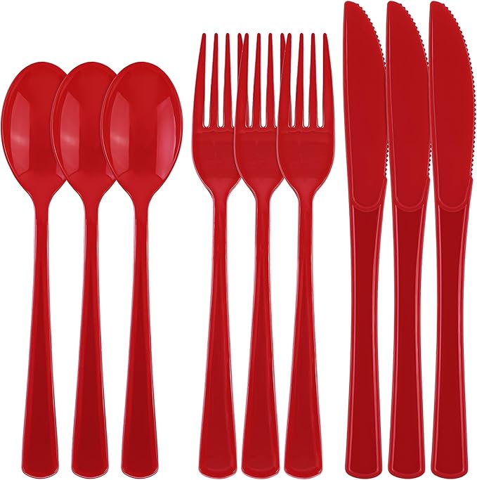 Kochorie 300 Pieces Red Plastic Silverware, Heavy Duty Plastic Cutlery Set