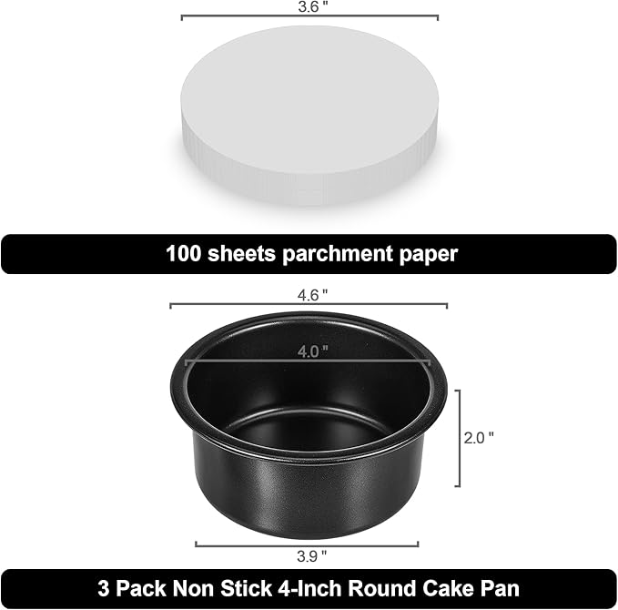 4 Inch Cake Pan, 3PCS Nonstick Small Cake Pans with 100PCS Parchment Paper
