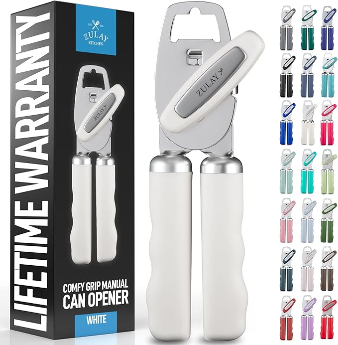 Zulay Kitchen Heavy Duty Stainless Steel Can Opener Manual with Bottle Opener - Rust Proof Manual Can Opener With Turn Knob & Comfy Soft Grip Handles - White