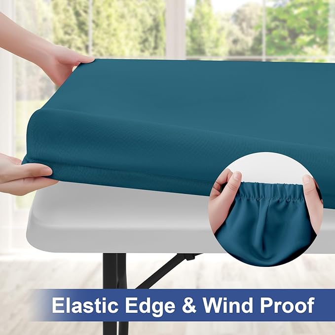 homing Rectangle Table Cloth Cover, Water-Resistant Polyester Elastic Fitted Tablecloth, Fits for 8 Foot Folding Tables, Washable Table Protector for Picnic, Camping, Outdoor (Peacock Blue, 30" x 96")