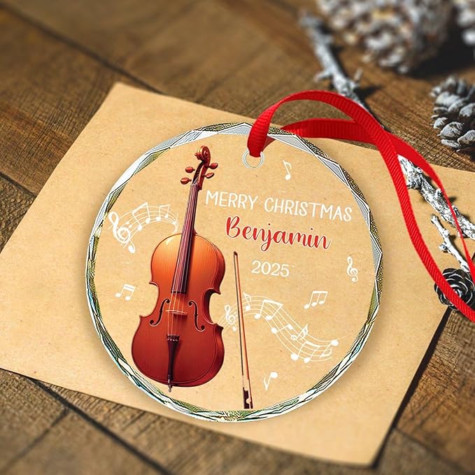 Cello Christmas Tree Glass Ornament, Personalized Text & Name Cello Musical Instrument Xmas Ornament Gifts for Musical Lover, Cellist Christmas Ornaments 2026, Custom Instrument Player Glass Keepsake