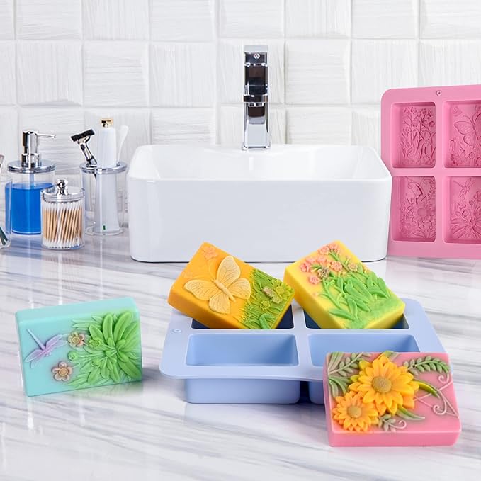 Moukiween Soap Mold Silicone, 3D Rectangular Insect Flower Silicone Mold