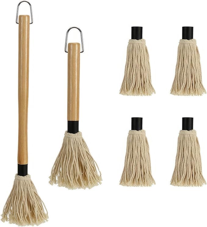 GEEKHOM BBQ Mop Brushes Wooden Handle: 18+14 Inch Long with 6 Cotton Replacement Heads for Basting Sauce Grilling & Smoking