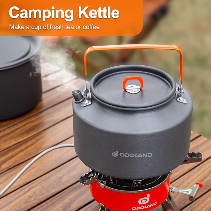 Odoland Camping Cookware Mess Kit, 4-Piece Set with Pot, Fry Pan, Kettle, and Mesh Bag, Aluminum, Black, Compact, for 3-4 People, Outdoor Cooking and Picnic