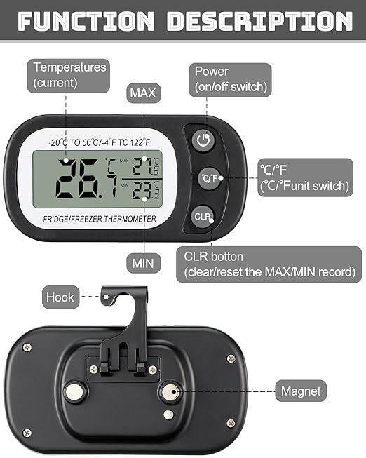 Frienda 12 Pcs Black Digital Fridge Thermometer Waterproof Refrigerator and Freezer Max/min Record Function LCD Screen Refrigerator Thermometer with Hook and Magnetic Back for Home (Button)
