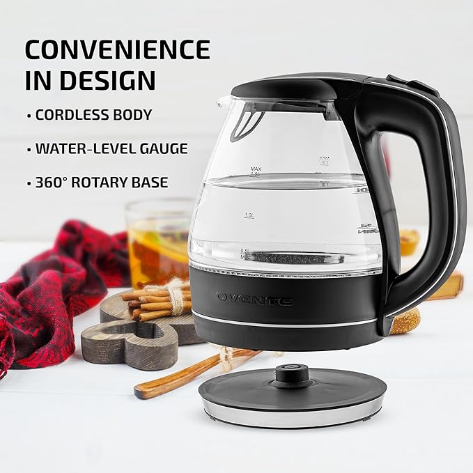 OVENTE 1.5L Glass Electric Kettle Water Boiler, Black KG83B