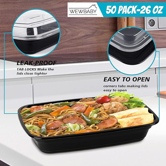 WEWBABY 26oz Meal Prep Containers, 50 Pack Reusable Food Storage with Lids