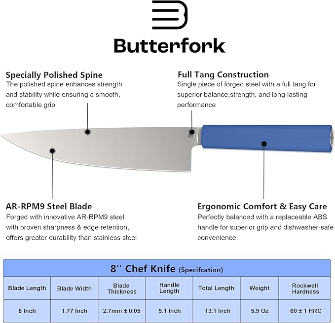 Butterfork 8 Inch Chef Knife, AR-RPM9 Steel & Ergonomic Handle Cooking Knife, Ultra Sharp Professional Kitchen Knife with Oak Sheath, Gift for Home Chefs