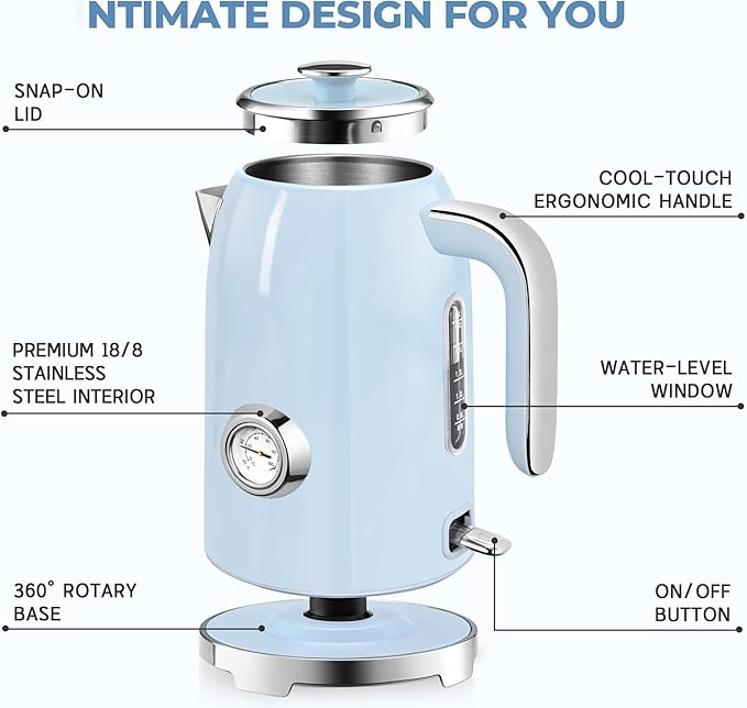 SUSTEAS 57oz Electric Kettle with Thermometer, Hot Water Pot, Blue