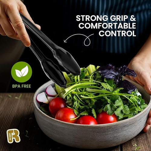 12 Pack 9 Inch Large Plastic Serving Tongs For Buffet - Plastic Serving Utensils For Hot And Cold Food - Disposable Serving Tongs For Parties, Holidays And Gatherings (Black)