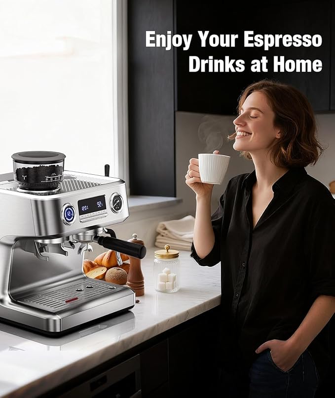 Kndko 20 Bar Espresso Machines with Grinder, Double Boiler Espresso Maker with Milk Frother Steam Wand, Programmable Coffee Maker for Home Cappuccino Latte & Americano
