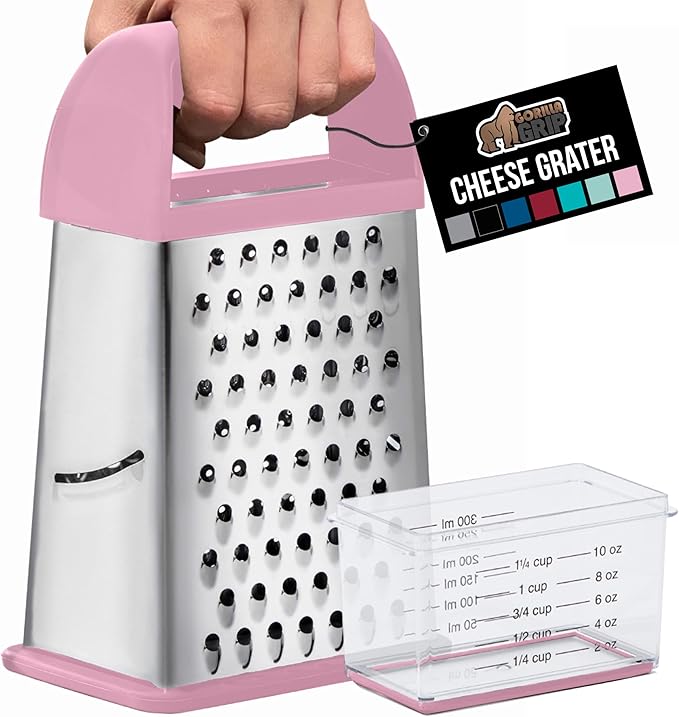 GORILLA GRIP® XL 4-Sided Stainless Steel Cheese Grater With Measurement Container, BPA-Free Box Grater, Slip Resistant Base, Grate Hard Parmesan, Shred Veggies, Zest Citrus, Dishwasher Safe, Pink