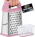 GORILLA GRIP® XL 4-Sided Stainless Steel Cheese Grater With Measurement Container, BPA-Free Box Grater, Slip Resistant Base, Grate Hard Parmesan, Shred Veggies, Zest Citrus, Dishwasher Safe, Pink