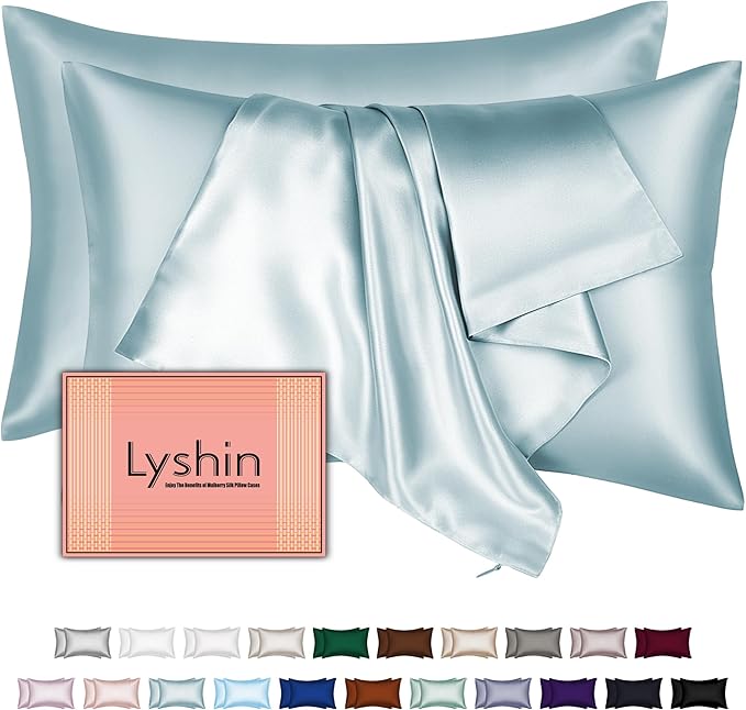 LYSHIN Silk Pillow Cases 2 Pack Standard Size with Zipper, Haze Blue