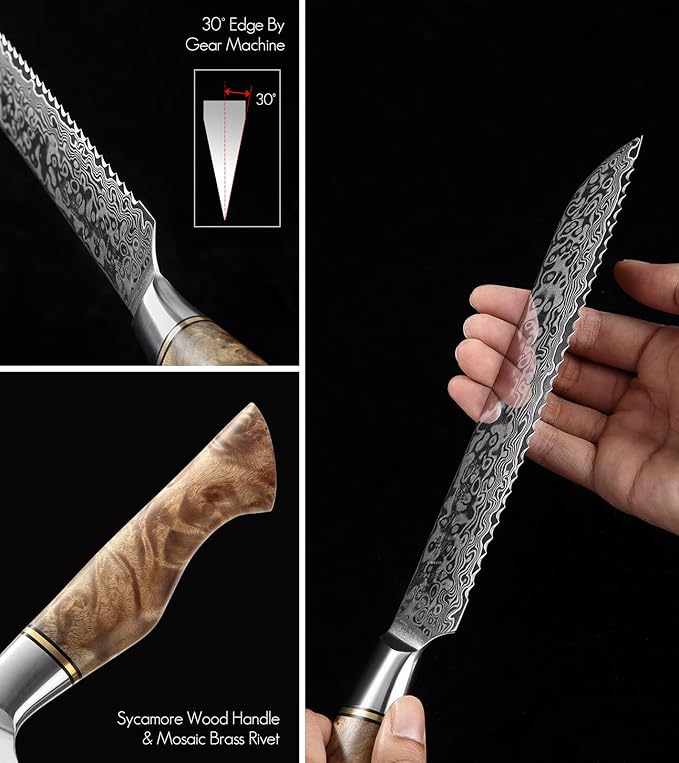 HEZHEN 8.3-Inch Bread Knife – 67 Layers Damascus Steel, Professional Serrated Slicer for Sourdough & Artisan Bread, Figured Sycamore Handle
