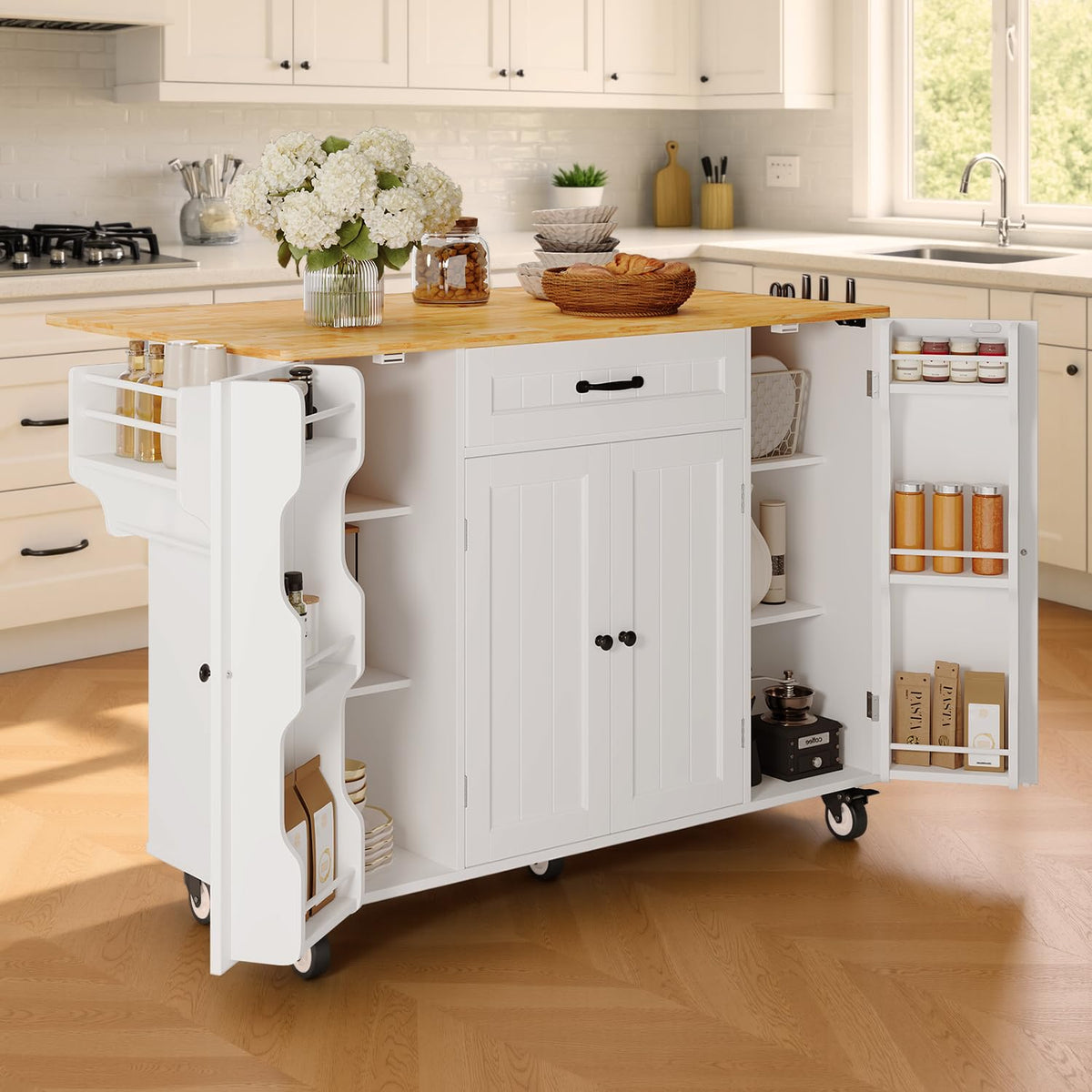 Ahomly 47.6" Kitchen Island with Storage, Drop Leaf, Knife Holder, White