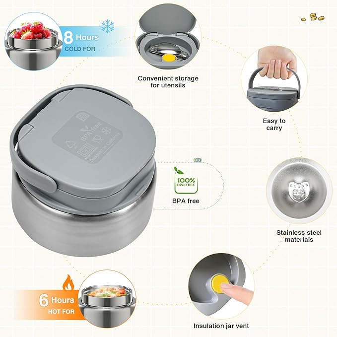 FAJSL Game Bento Box for Kids, Lunch Box with Thermo(9oz Food Jar), Folding Spoon, Removable Divider & Sauce Cup, Lunch Box Kids for School,Travel, BPA-Free & Realistic Shape(Grey)