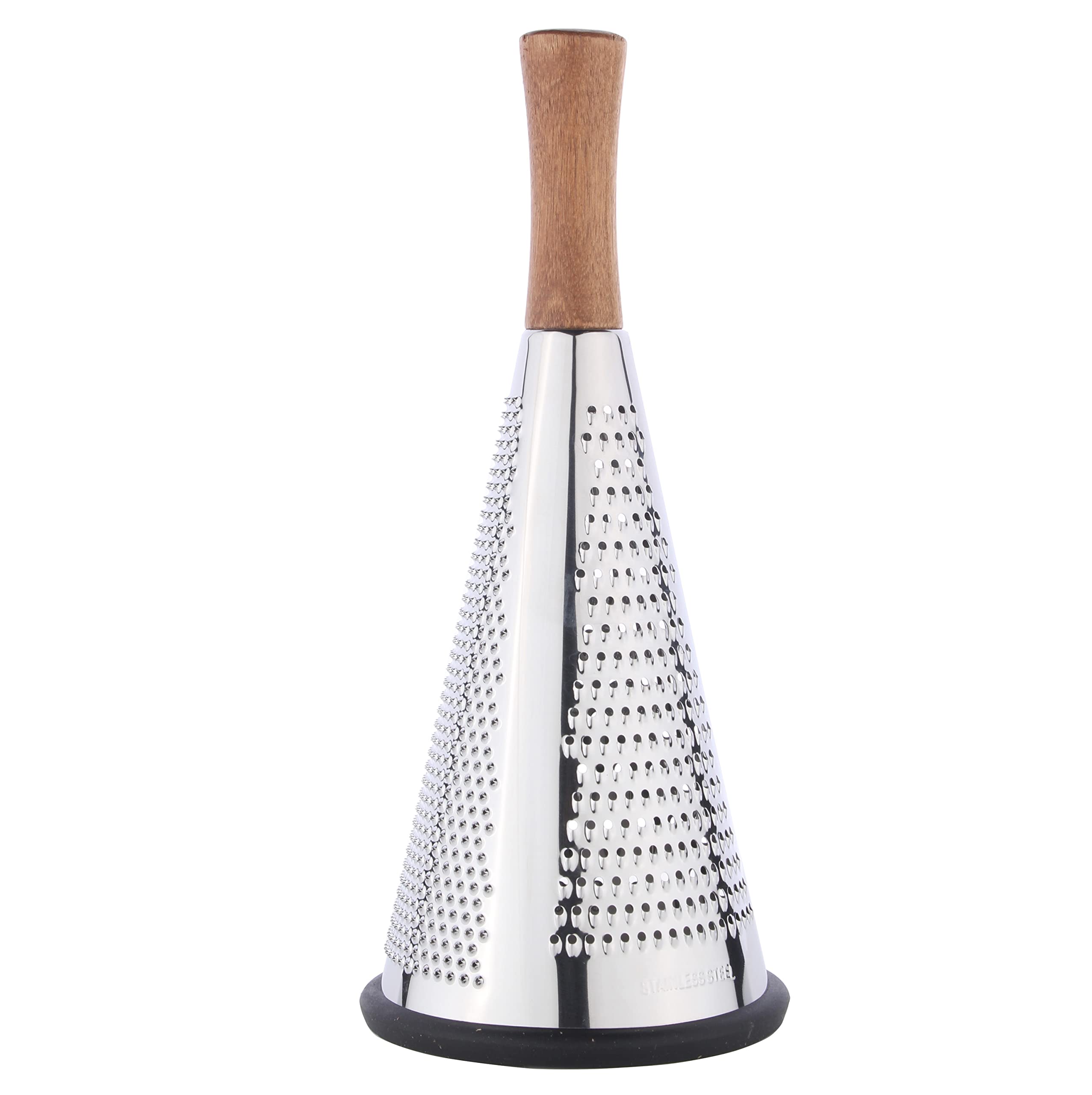 Cone Cheese Grater with Handle - Stainless Steel Triple Function Wood Handle Parmesan Shaver Non-Slip Rubber Bottom Hand Held Multifunction Vegetables Cheese Grater with container(XL:11.8" X 5.1")
