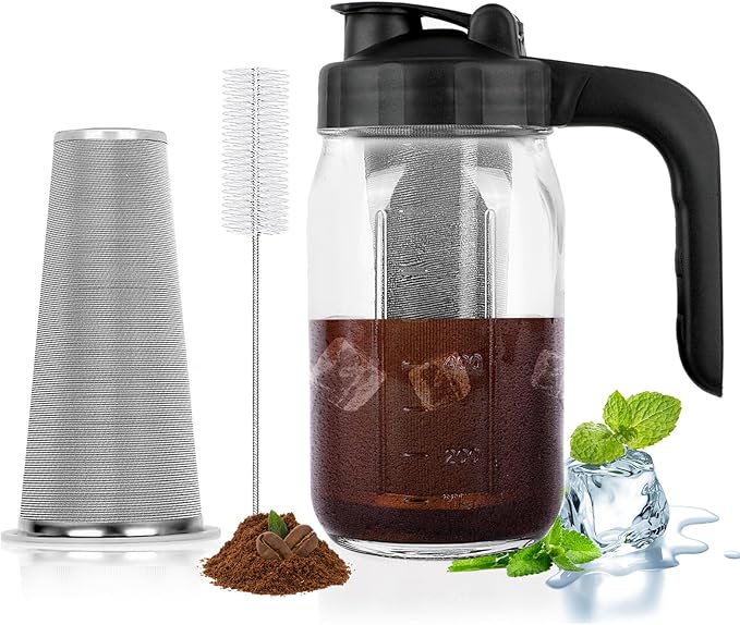 Cupluw Cold Brew Coffee Maker Pitcher,32 Oz Glass Mason Jar Pitcher with V-shaped Pour Spout Handle Lid,Stainless Steel Filter for Iced Coffee,Iced tea,Breast Milk,Fruit Drinks,lemonade-Black