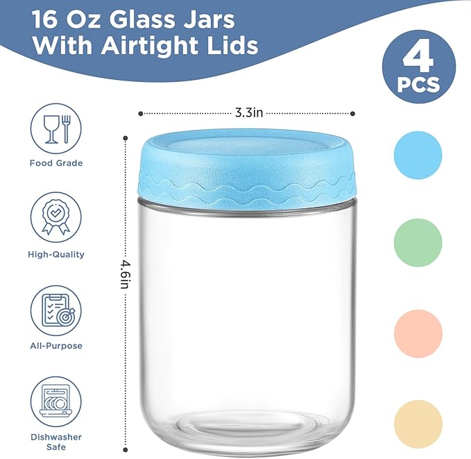 DRKIO 16 Oz Glass Overnight Oats Containers with Lids Chia Pudding Jars