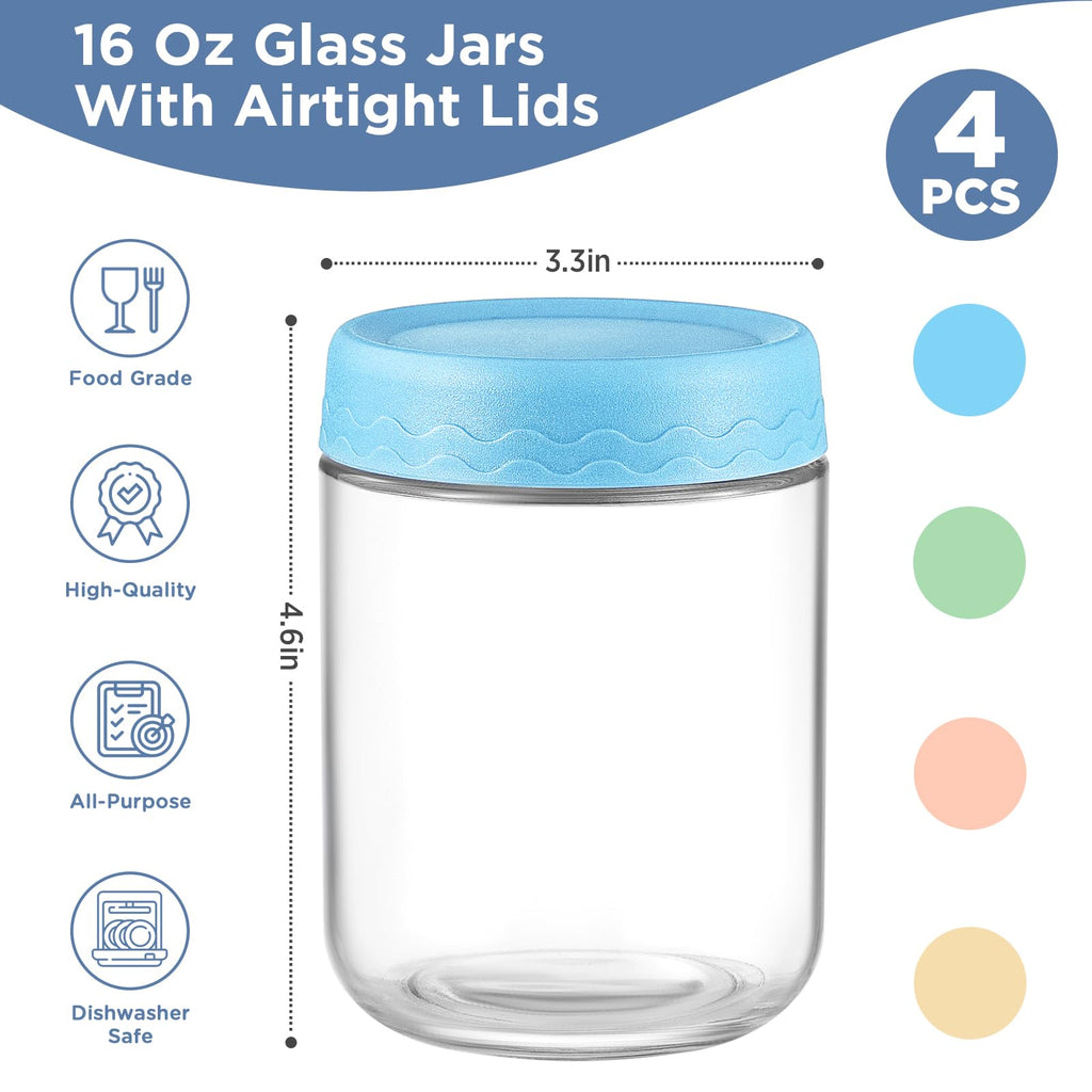 DRKIO 16 Oz Glass Overnight Oats Containers with Lids Chia Pudding Jars