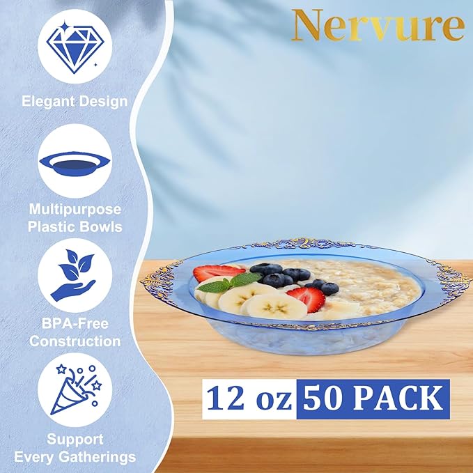 Nervure 50PCS Blue Plastic Bowls with Gold Rim - 12oz Disposable Soup Bowls