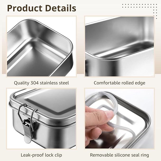 Tideme 4 PCS Bento Boxes, 850 ML Stainless Steel Lunch Boxes, Food Storage Containers, Portable Metal Lunch Containers, Lockable Clips to Leak Proof, Reusable Dishwasher Safe Lunch Snack Boxes