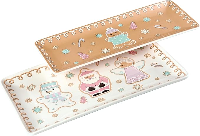 Bico Pastel Gingerbread Man Gnomes Ceramic Rectangular Serving Platters Set of 2, 14 Inch, Microwave & Dishwasher Safe, Large and Medium Platters for Appetizers, Cheese, Salad, Pasta