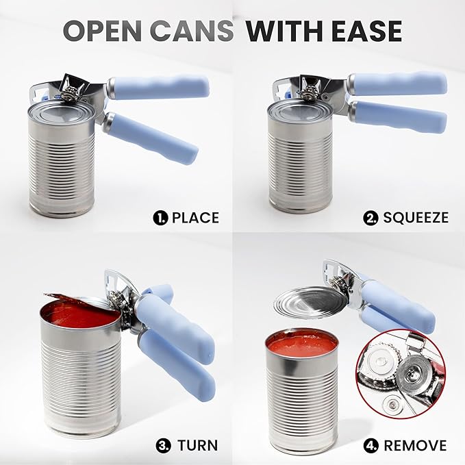 Zulay Kitchen Heavy Duty Stainless Steel Can Opener Manual with Bottle Opener - Rust Proof Manual Can Opener With Turn Knob & Comfy Soft Grip Handles - Light Blue