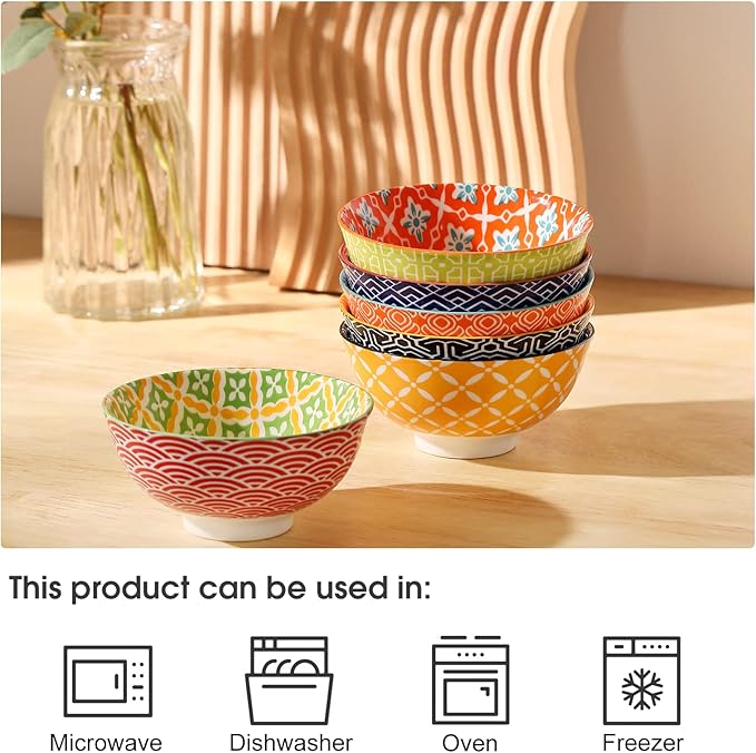 Metahom Dessert Bowls, Small Colorful Bowls 10 Oz, Ceramic Bowl Set for Ice Cream, Decorative Bowls for Snack Soup Condiments, Side Dishes, Set of 6