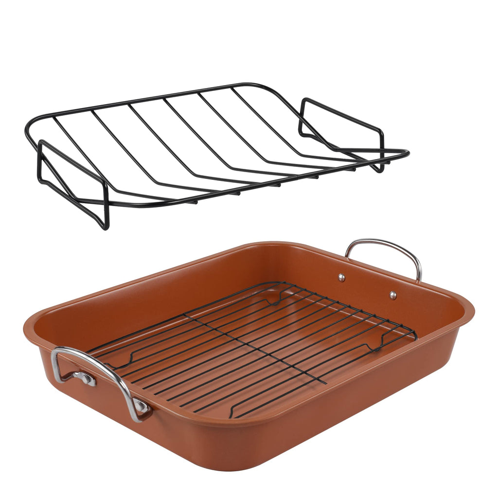 KitCom Nonstick Roasting Pan, Roaster with Cooling Rack and V-Rack - 16 Inch Rectangular Turkey Roaster Lasagna Pan for Easter, Thanksgiving & Christmas, Dishwasher Safe, Bronze