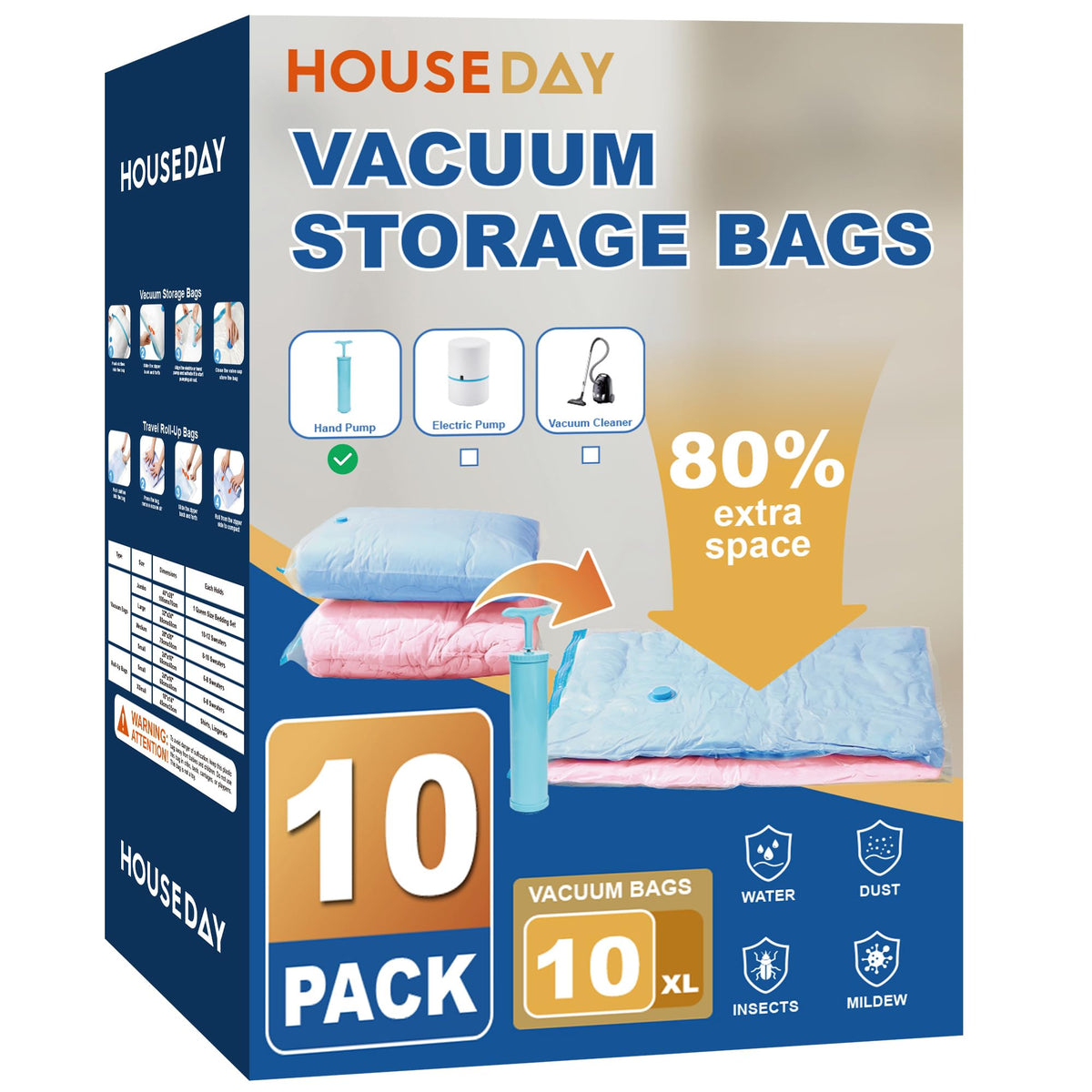 HOUSE DAY 22 Pack Vacuum Storage Bags with Pump,Space Saving Vacuum Seal Bags For Clothing Travel,4 Jumbo/4 Large/4 Medium/4 Small, 2S/2XS/2XXS Roll Up Bags, Hand Pump Included, Sealer Clothes Storage