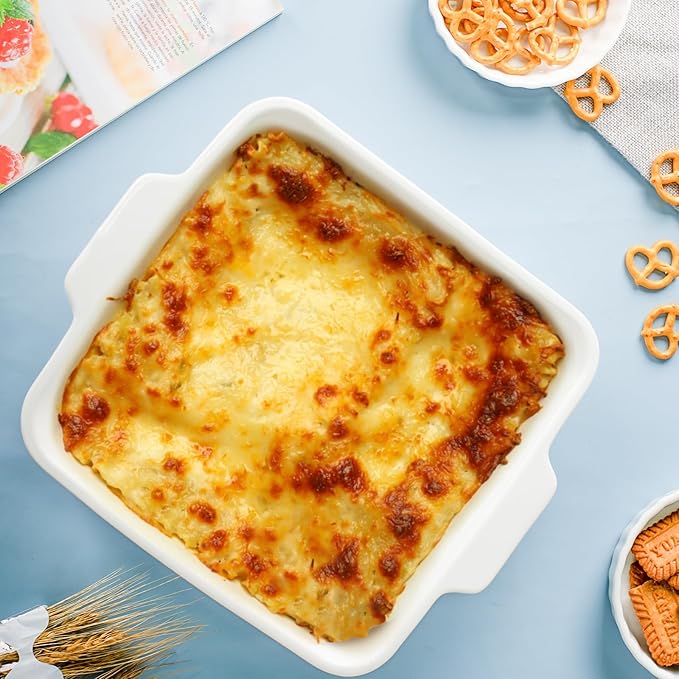 cikiciki 10" Square Ceramic Casserole Dish Set of 2-2.6 Qt Deep Baking Dishes with Handles for Oven, Lasagna Pan for Casseroles Cake Bread, Microwave Dishwasher Safe Bakeware Set, White