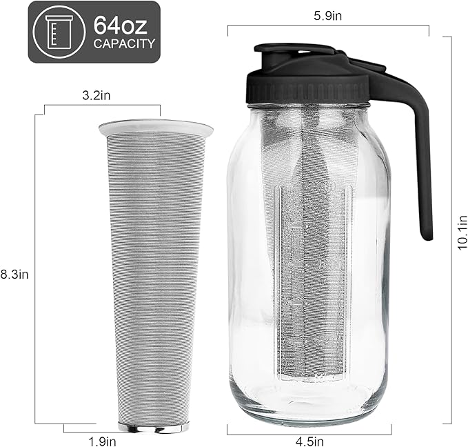 QHH Cold Brew Coffee Maker, 64 oz Mason Jar Pitcher with Stainless Steel Filter, Pour Spout Handle Lid, Airtight & Leak-Proof for Iced Coffee,Tea & Lemonade