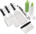 Metal Spatula and Scraper Set - Griddle Accessories kit - Grill Tongs Flat Spatula Pancake Flipper Hamburger Turner Squeeze bottles Set - Metal Utensil Great for BBQ Grill Flat Top Cast Iron