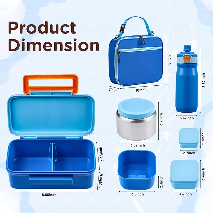 JXXM Bento Lunch Box for Kids With 8oz Thermo, Leakproof Bento Box with with 2 Compartments, Insulated Bottle, Lunch Bag, BPA Free Dishwasher Safe for School Girls Boys (Blue)