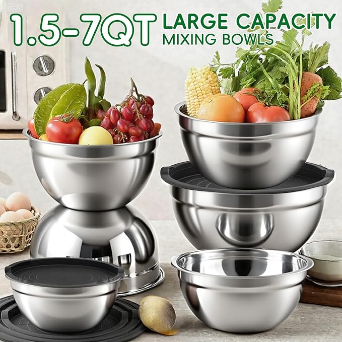 WEPSEN Mixing Bowls Set, 25PCS Stainless Steel Mixing Bowl with Lid Set, Large Nesting Bowls 7, 4.5, 3,2, 1.5QT, Measuring Cups and Spoons Baking Utensils Metal Bowl for Kitchen Prep
