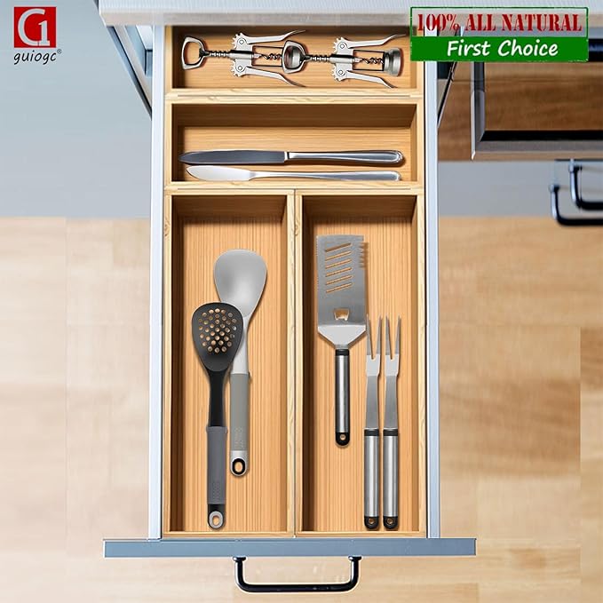 guiogc Bamboo Drawer Silverware Organizer, Kitchen Small Silverware Organizer Set of 4 (Large 14.2"x5"x1.97", Small 9.85"x3.55"x1.97") for Office Bathroom Storage and RV