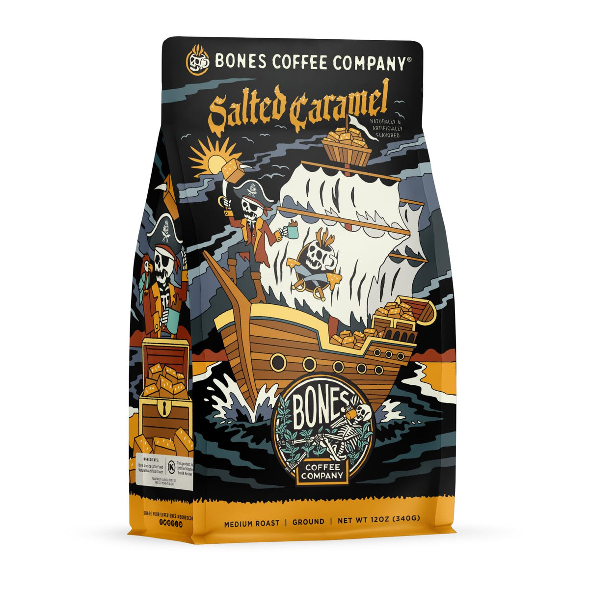 Bones Coffee Company S'morey Time Flavored Coffee - Medium Roast - Ground or Whole Bean - Low-Acid Arabica Coffee Beans - Balanced S'mores and Graham Cracker Flavor - 12 Oz