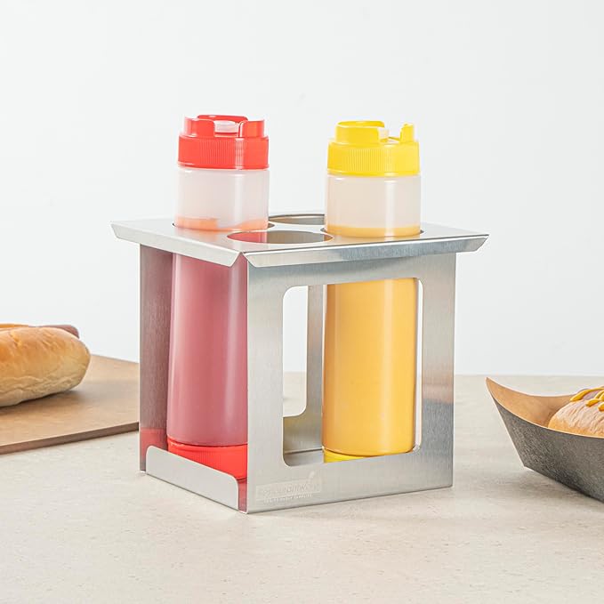 Restaurantware Squeeze Bottle Holder 1 Count 6.30 x 7.01 x 6.26 Inches Stainless Steel Condiment Organizer - Four-Hole Durable Kitchen Rack - Silver Prep Station Organizer