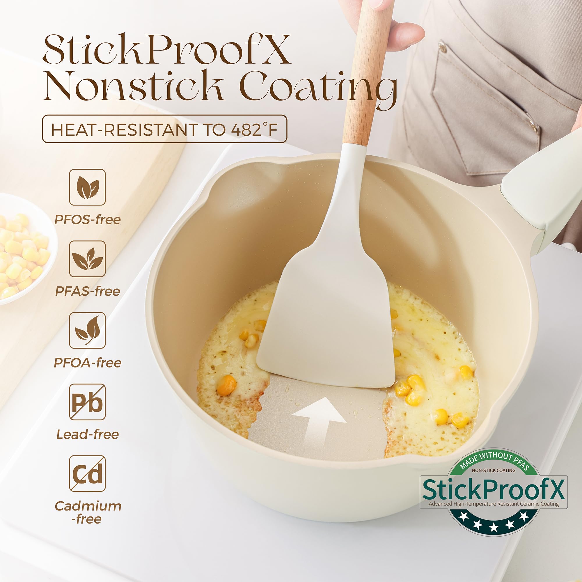 PRICUSIS Ceramic Nonstick Saucepan with Lid, 2.7 Quart Non Toxic Pot with Pour Spouts, Full Coated, 100% Dishwasher Safe, Induction Compatible, PTFE PFAS & PFOA Free, Coconut White