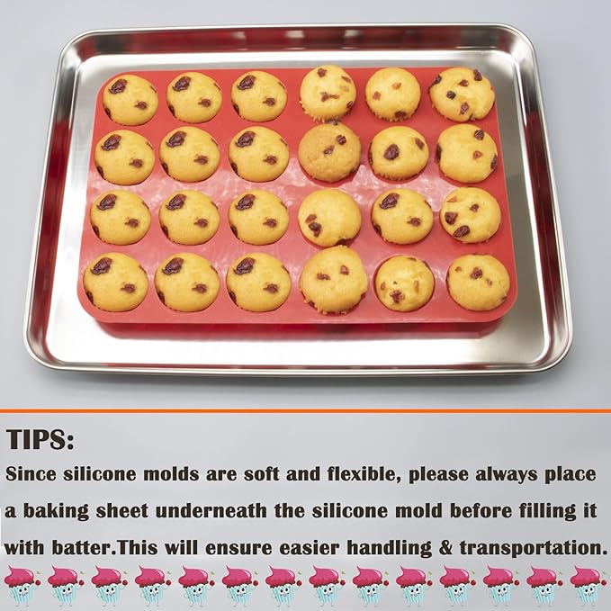 LERIYUFS 24 Cups Silicone Mini Muffin Pan Set, Nonstick Mini Cupcake Pans, BPA Free Small Muffin Tin for Baking, Set of 2 (Red+Red)